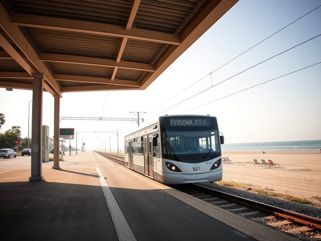 Pociąg Pendolino na tle nadmorskiego krajobrazu Ustki, symbolizujący nowe wakacyjne połączenia kolejowe.