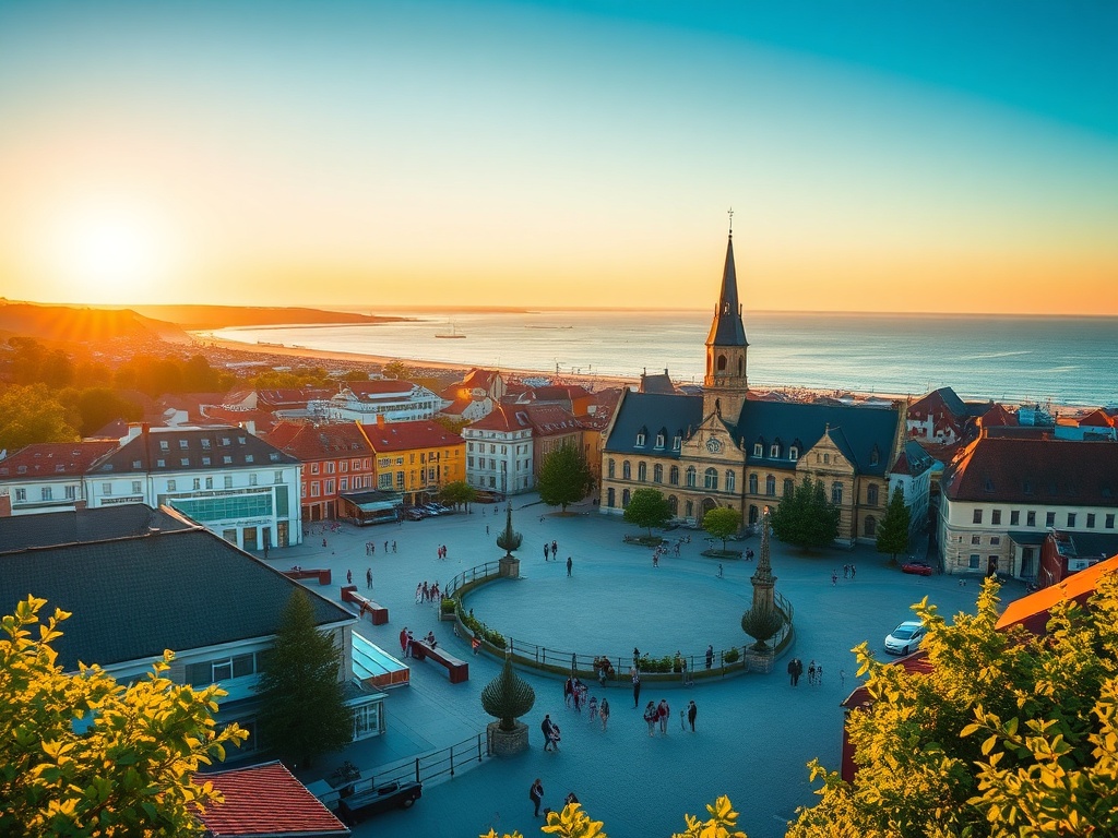 Majówka w Ustce – ujęcie promenady z widokiem na morze i plażę, z ludźmi spacerującymi w słoneczny dzień.
