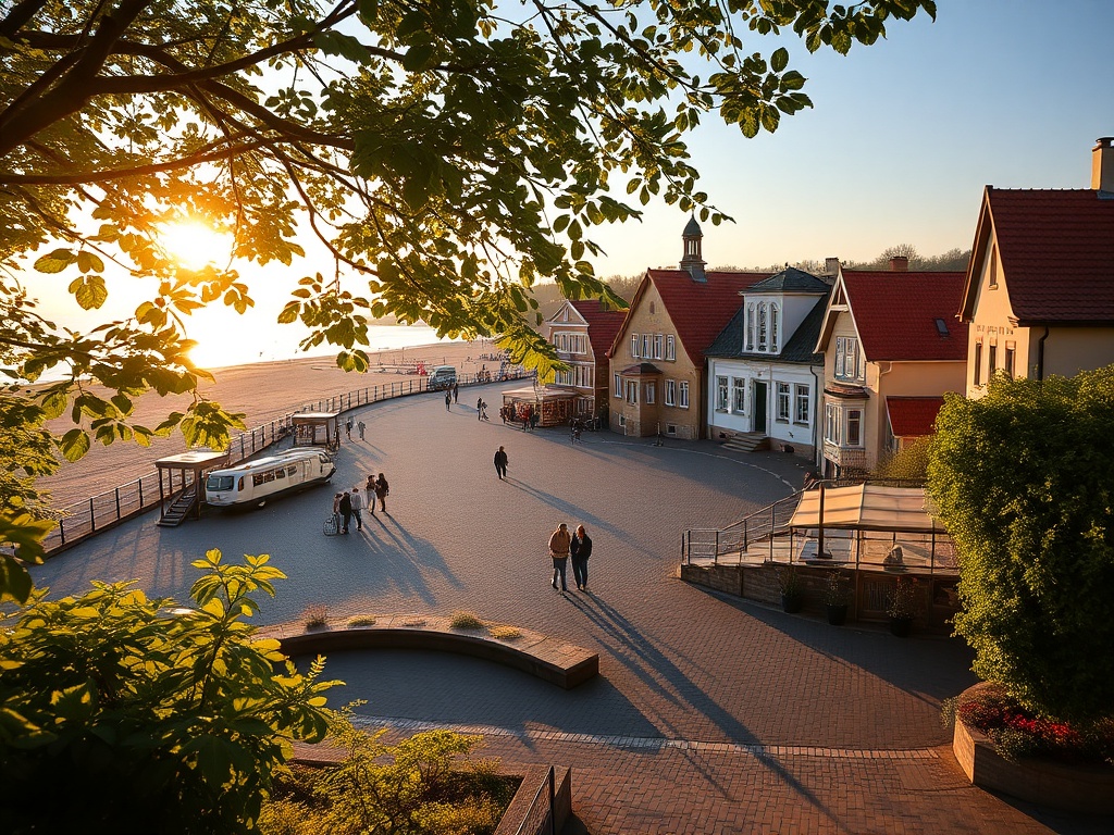 Widok na ustecką plażę i promenadę podczas słonecznego dnia majowego, z widocznymi ludźmi spacerującymi i morską bryzą.